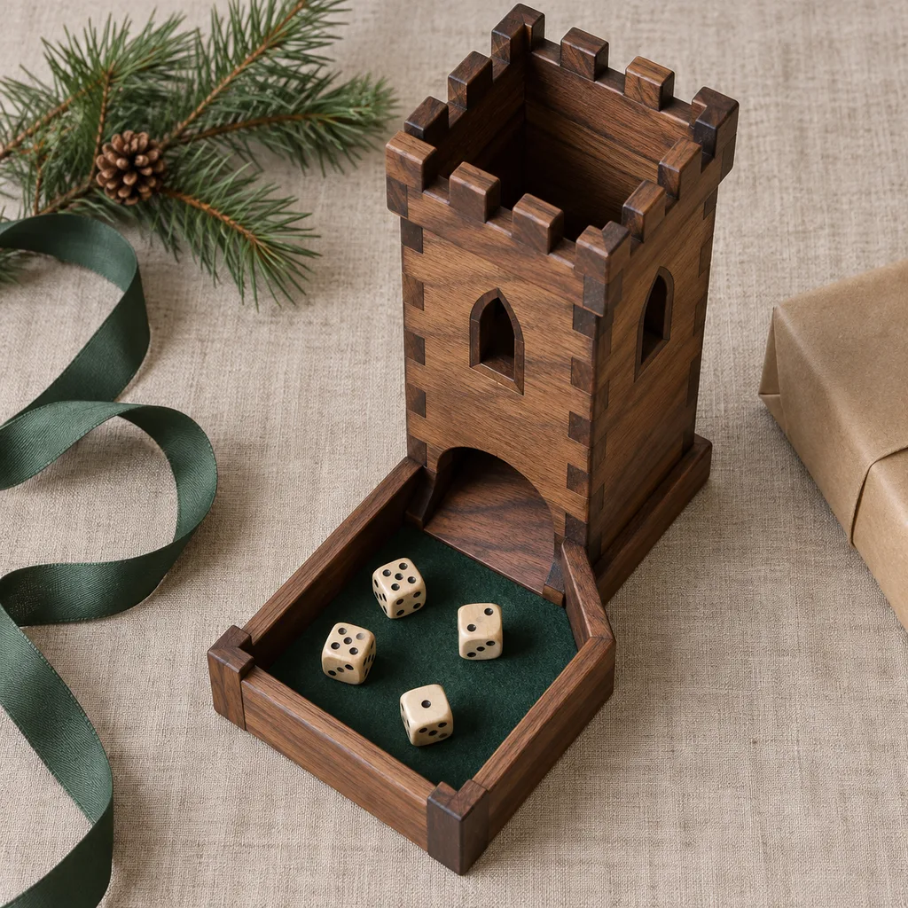 Representative photo-style image of decorative dice rolling tower — generated, not a specific product