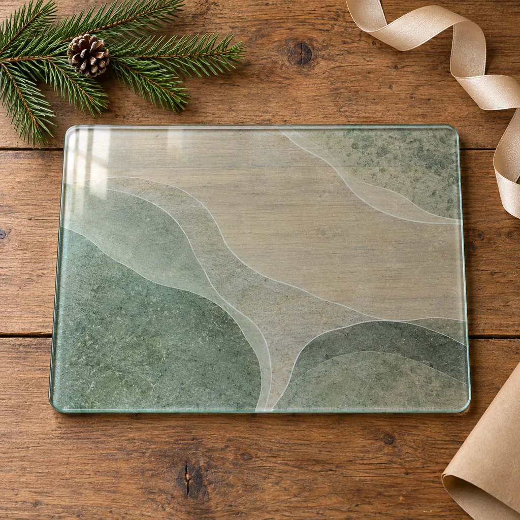 Representative photo-style image of decorative glass serving board — generated, not a specific product