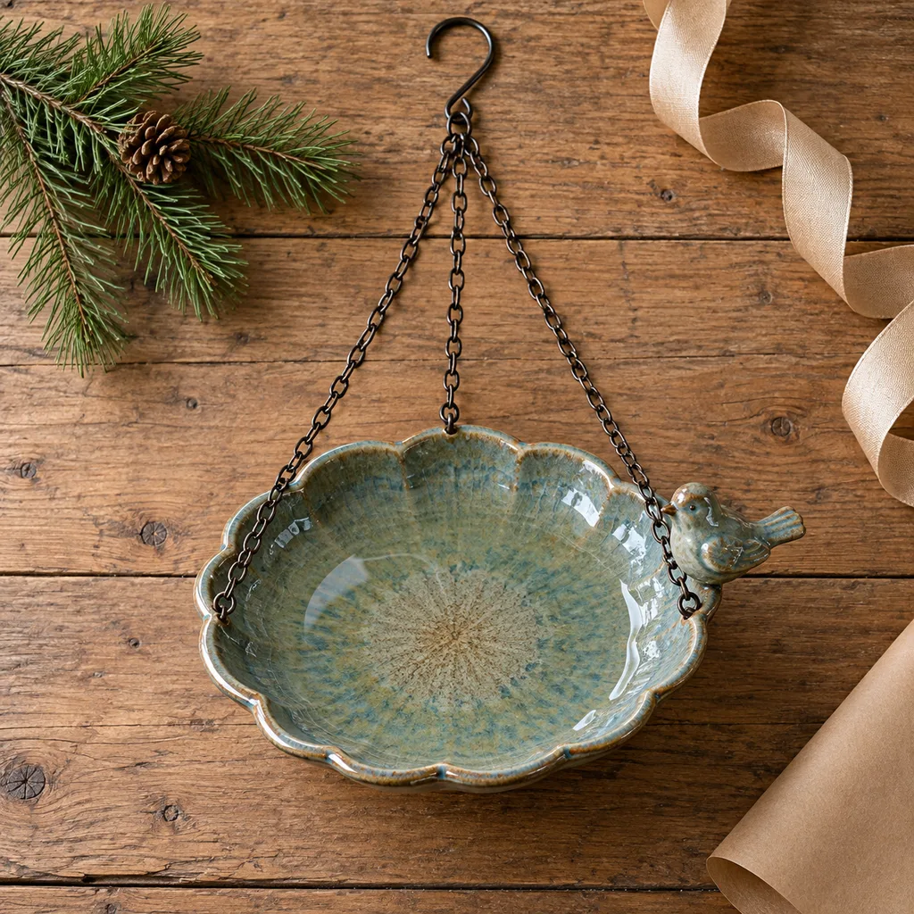 Representative photo-style image of decorative hanging bird bath — generated, not a specific product