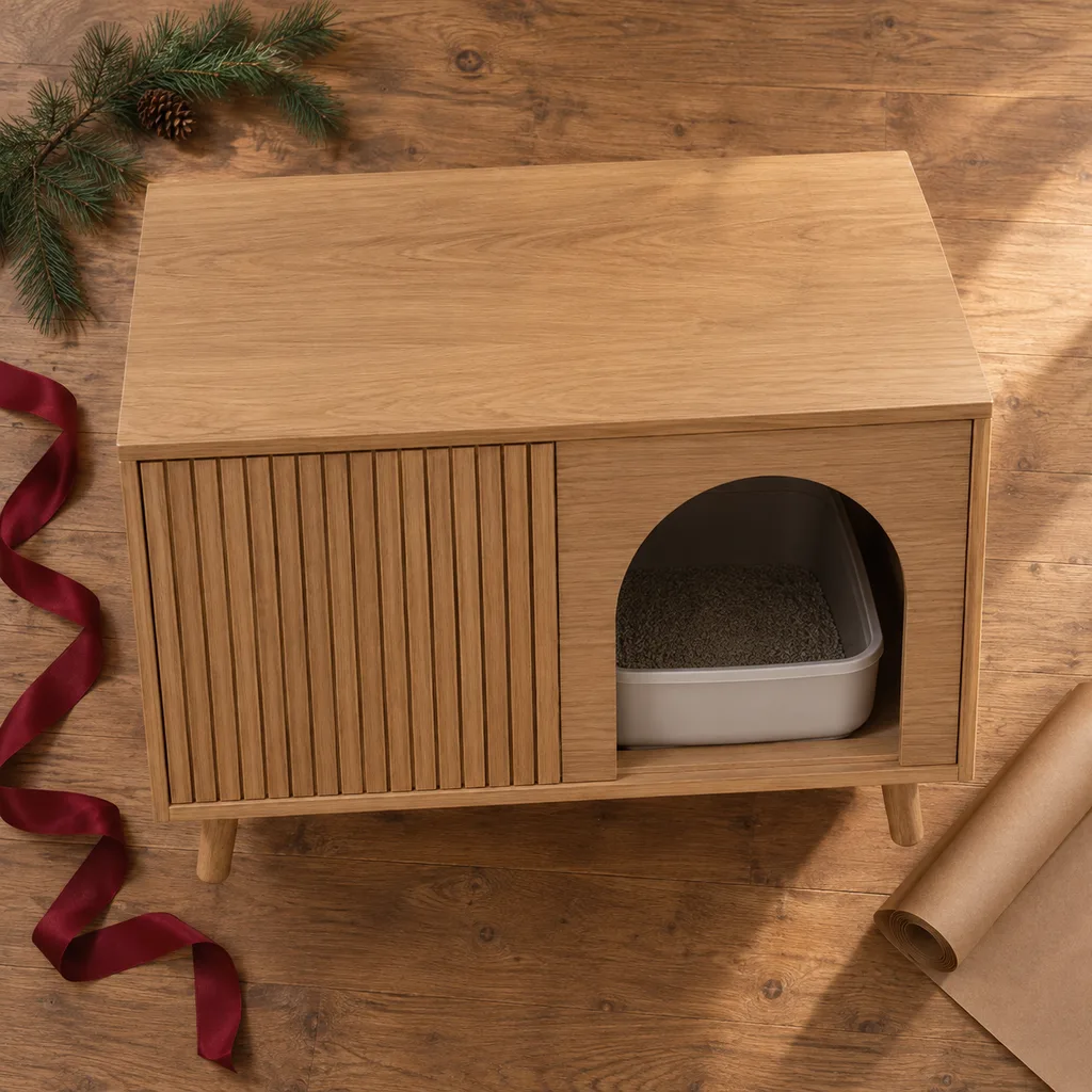 Representative photo-style image of decorative litter box furniture enclosure — generated, not a specific product