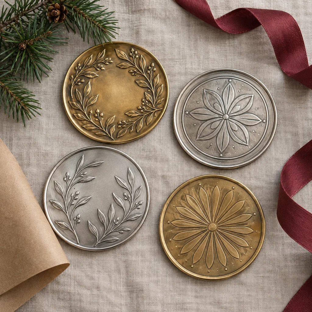 Representative photo-style image of decorative metal coaster collection — generated, not a specific product