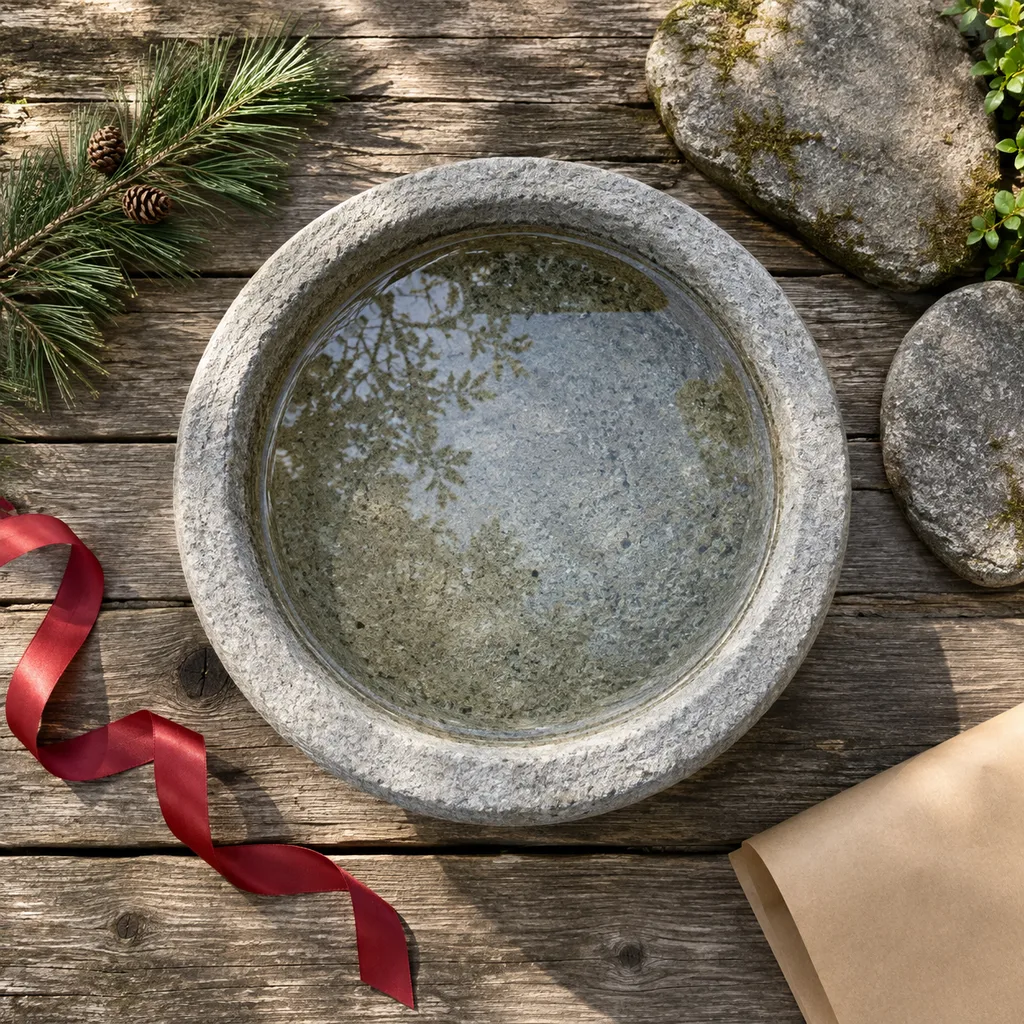 Representative photo-style image of outdoor bird bath — generated, not a specific product