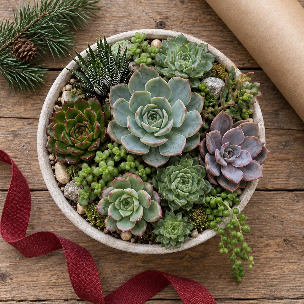 Representative photo-style image of decorative succulent arrangement — generated, not a specific product