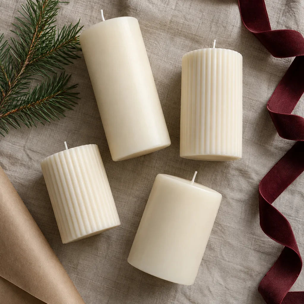 Representative photo-style image of decorative unscented pillar candles — generated, not a specific product