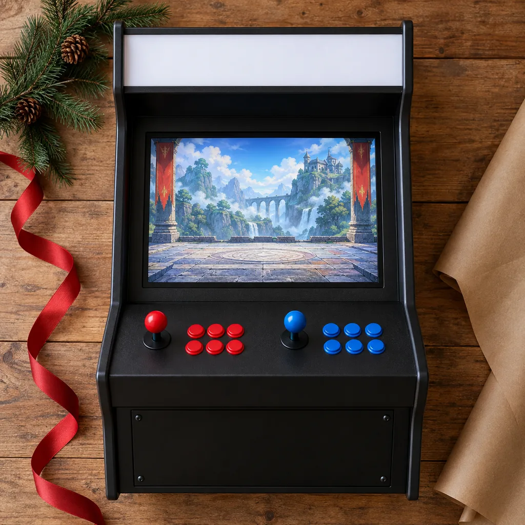 Representative photo-style image of dedicated fighting game arcade machine — generated, not a specific product