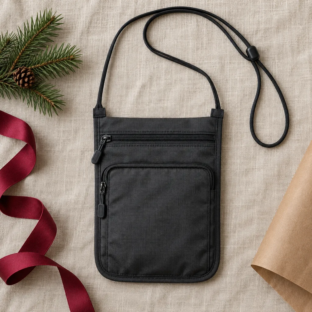 Representative photo-style image of dedicated passport neck holder — generated, not a specific product