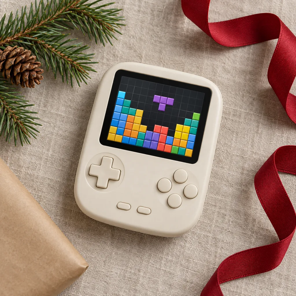 Representative photo-style image of dedicated puzzle & casual game handheld — generated, not a specific product