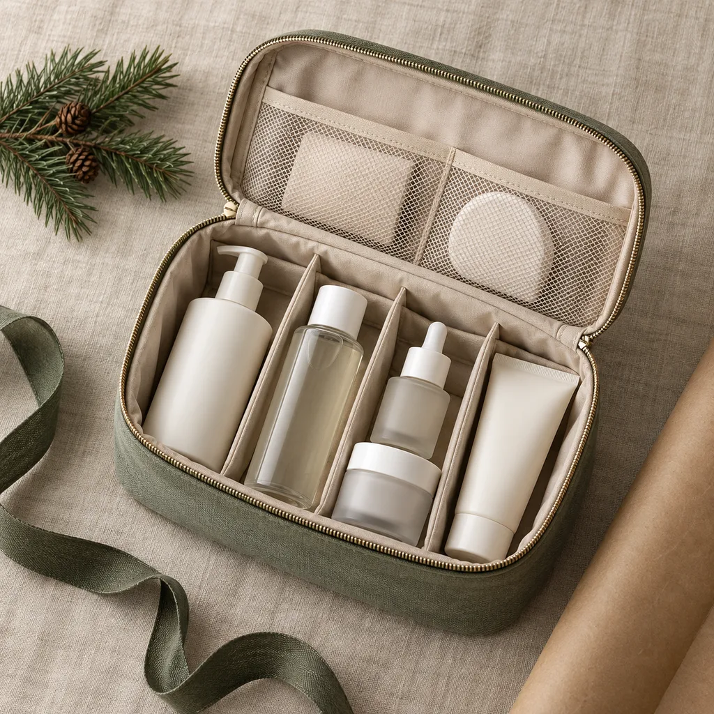 Representative photo-style image of dedicated skincare organizer pouch — generated, not a specific product