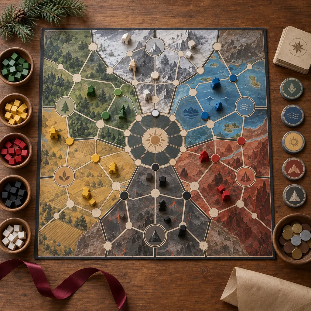 Representative photo-style image of deep strategy board game — generated, not a specific product