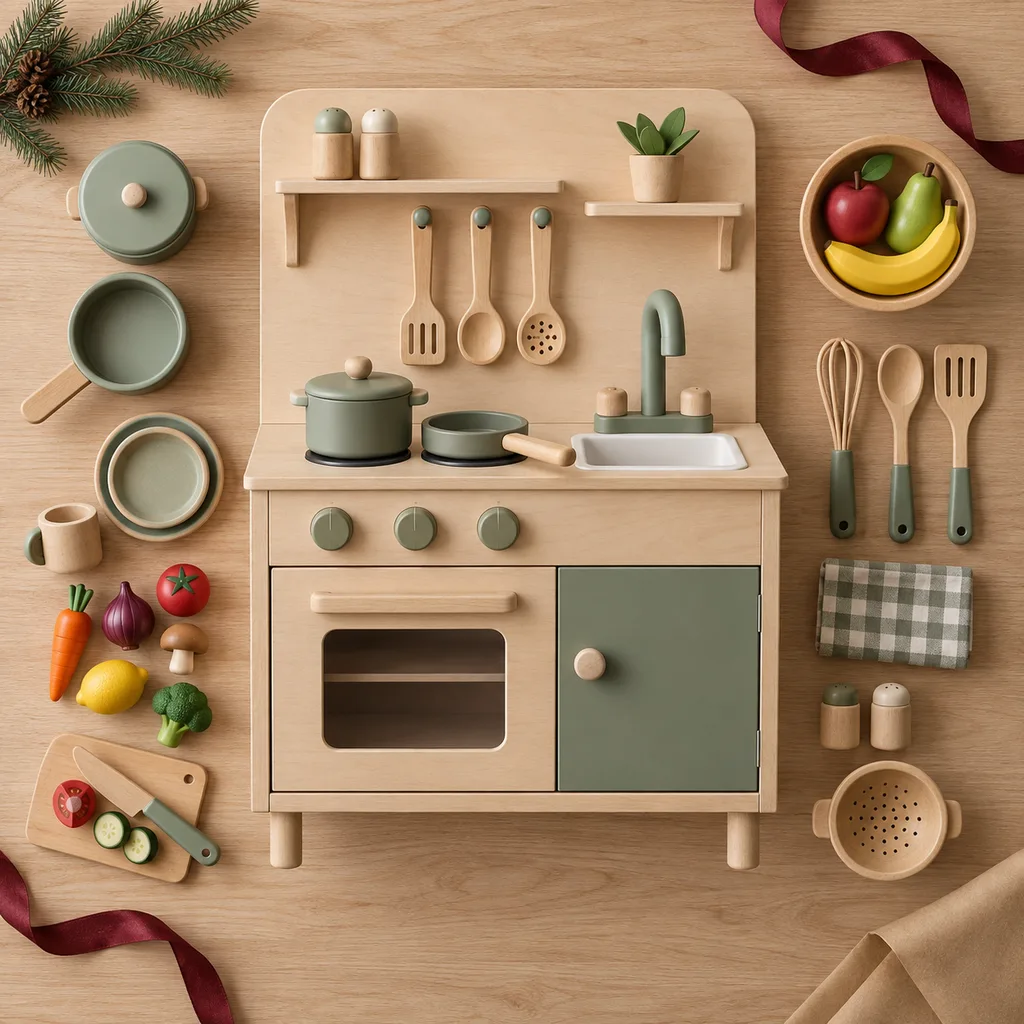 Representative photo-style image of deluxe children's play kitchen set — generated, not a specific product