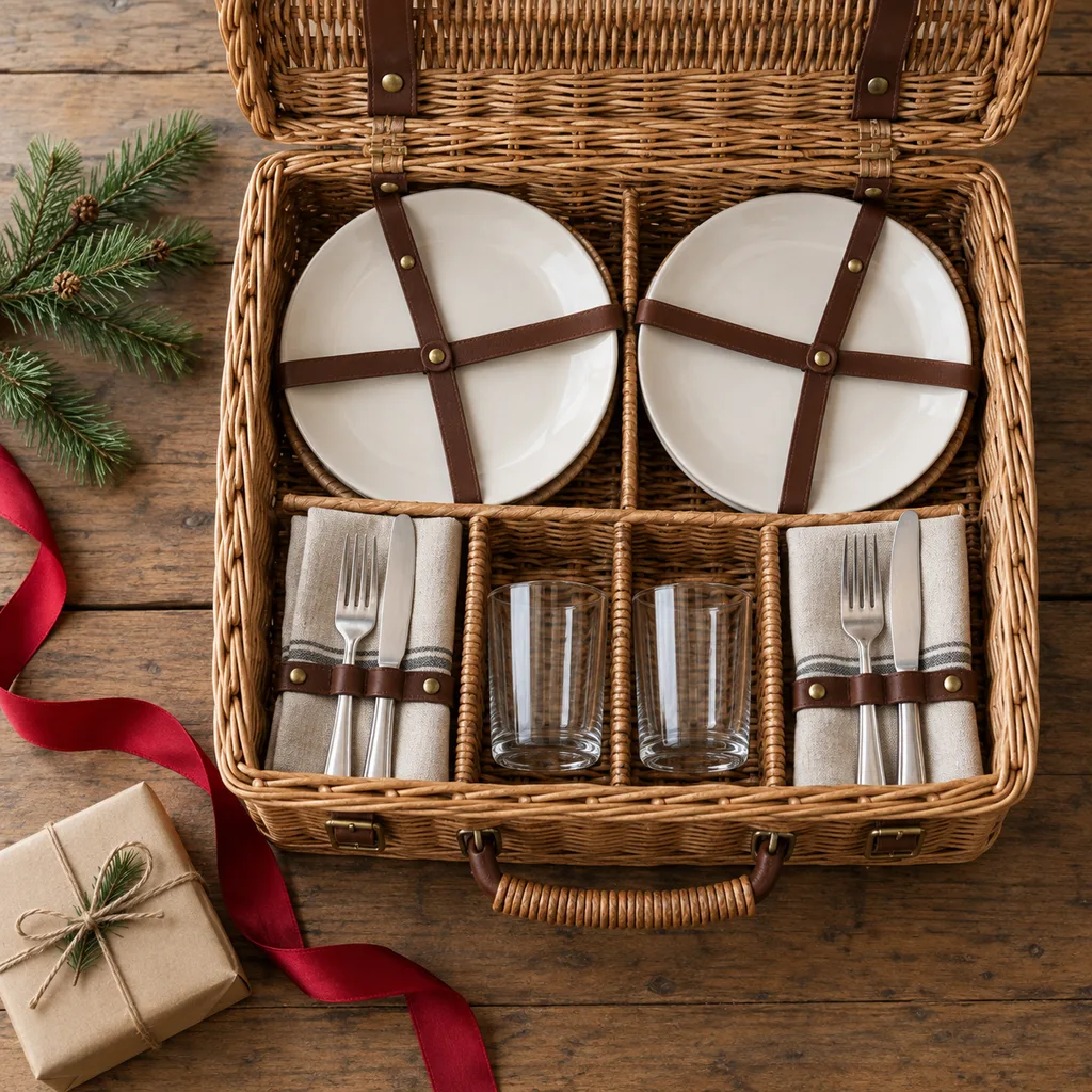Representative photo-style image of picnic basket for two — generated, not a specific product