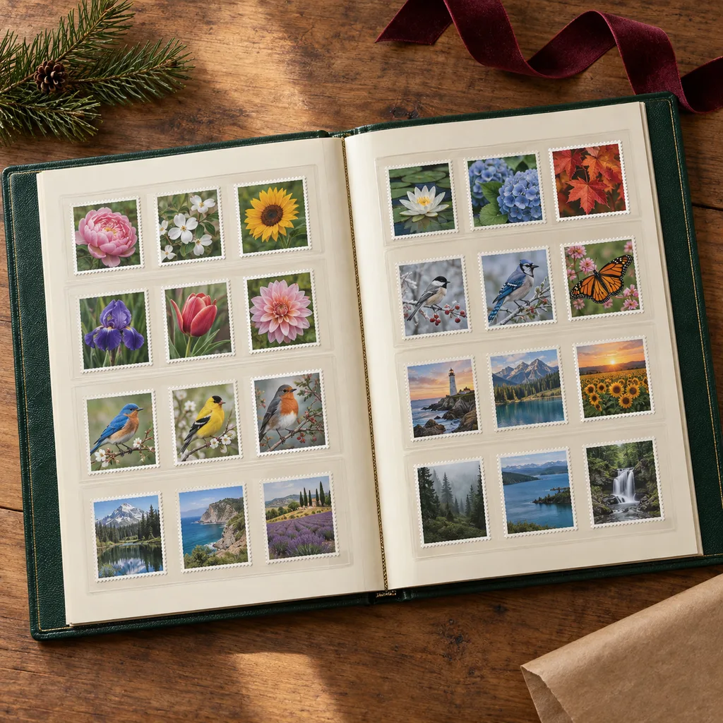 Representative photo-style image of deluxe stamp collecting album — generated, not a specific product