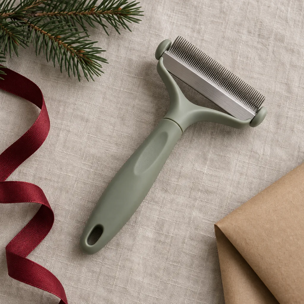Representative photo-style image of deshedding tool for pets — generated, not a specific product
