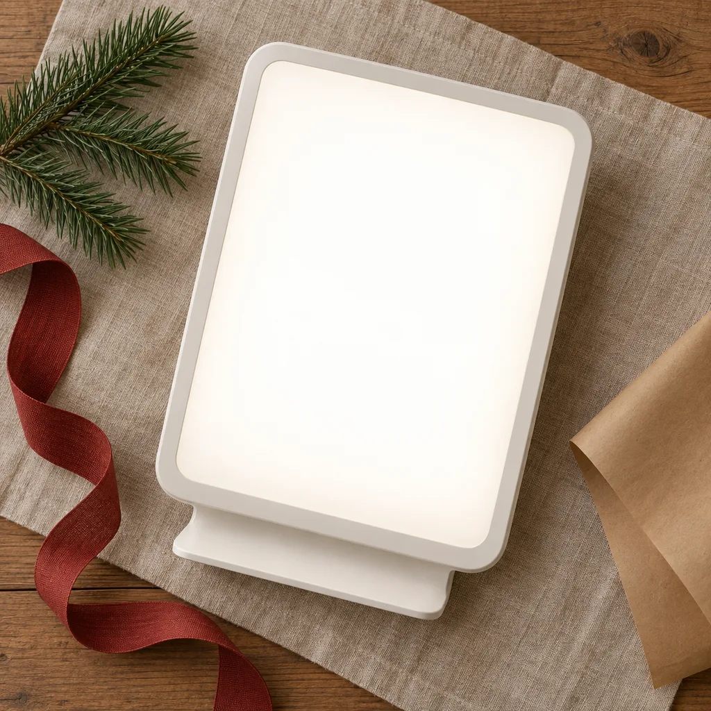 Representative photo-style image of light therapy desk lamp — generated, not a specific product