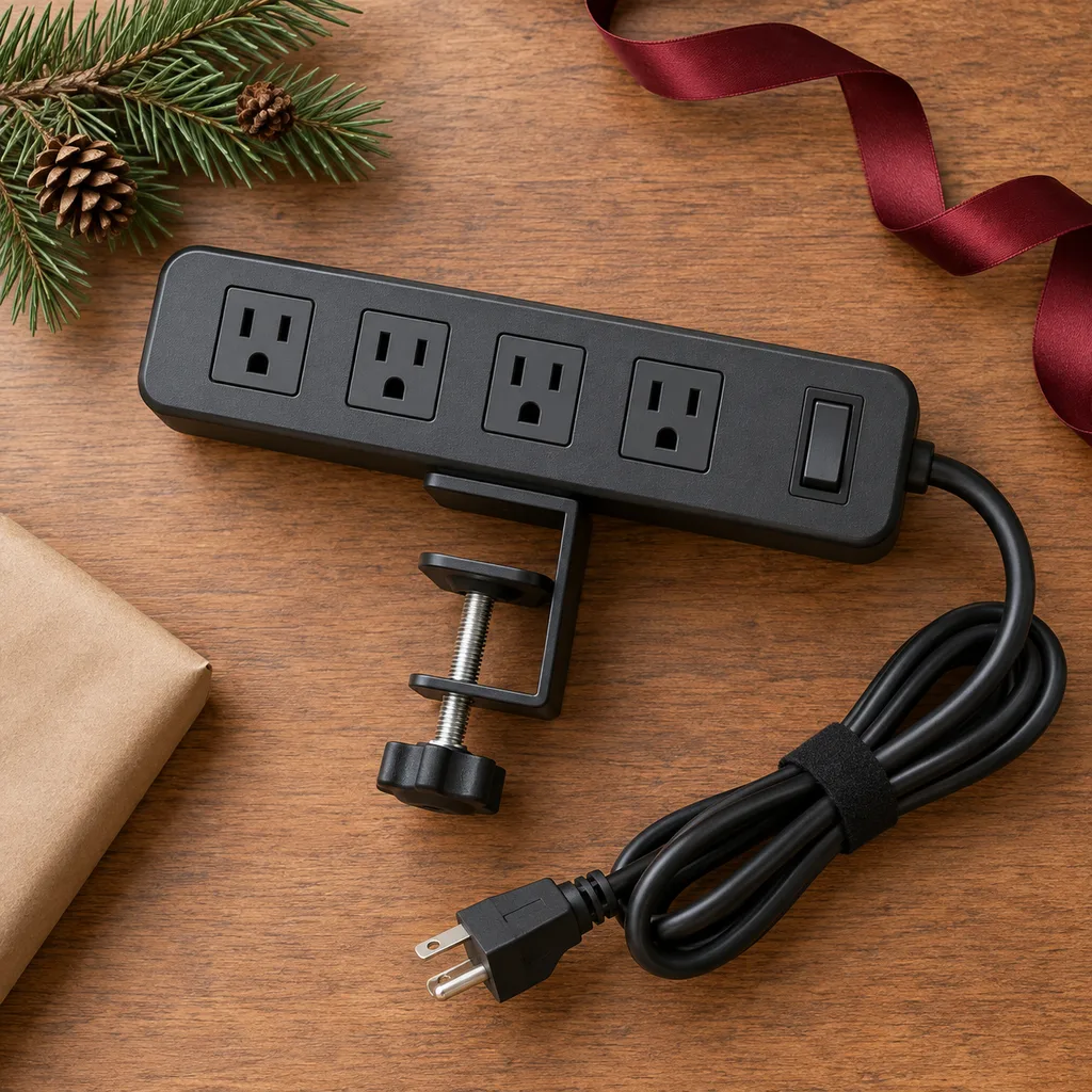 Representative photo-style image of desk mount power strip — generated, not a specific product