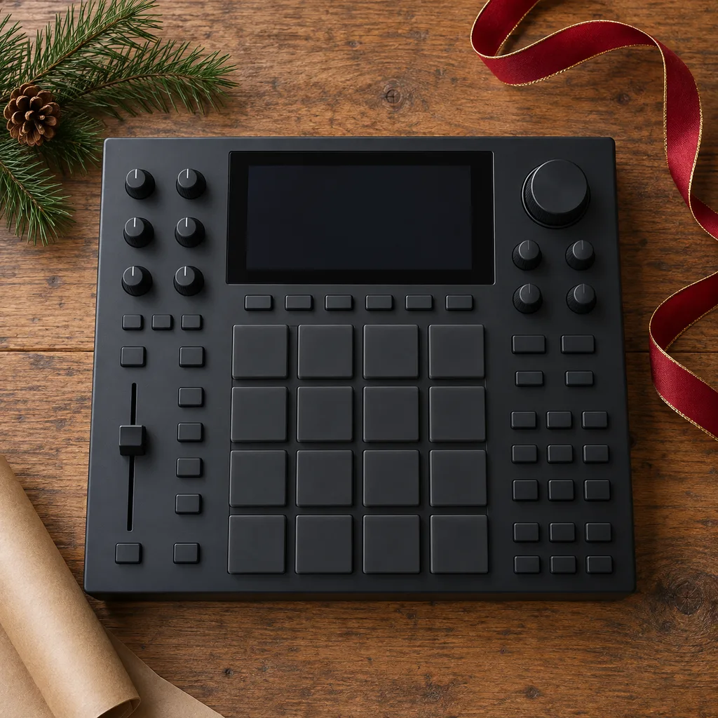 Representative photo-style image of desktop audio sampler workstation — generated, not a specific product