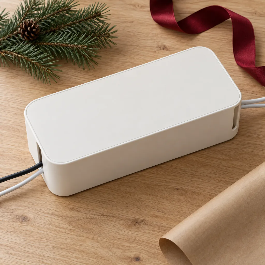 Representative photo-style image of desktop cable management box — generated, not a specific product