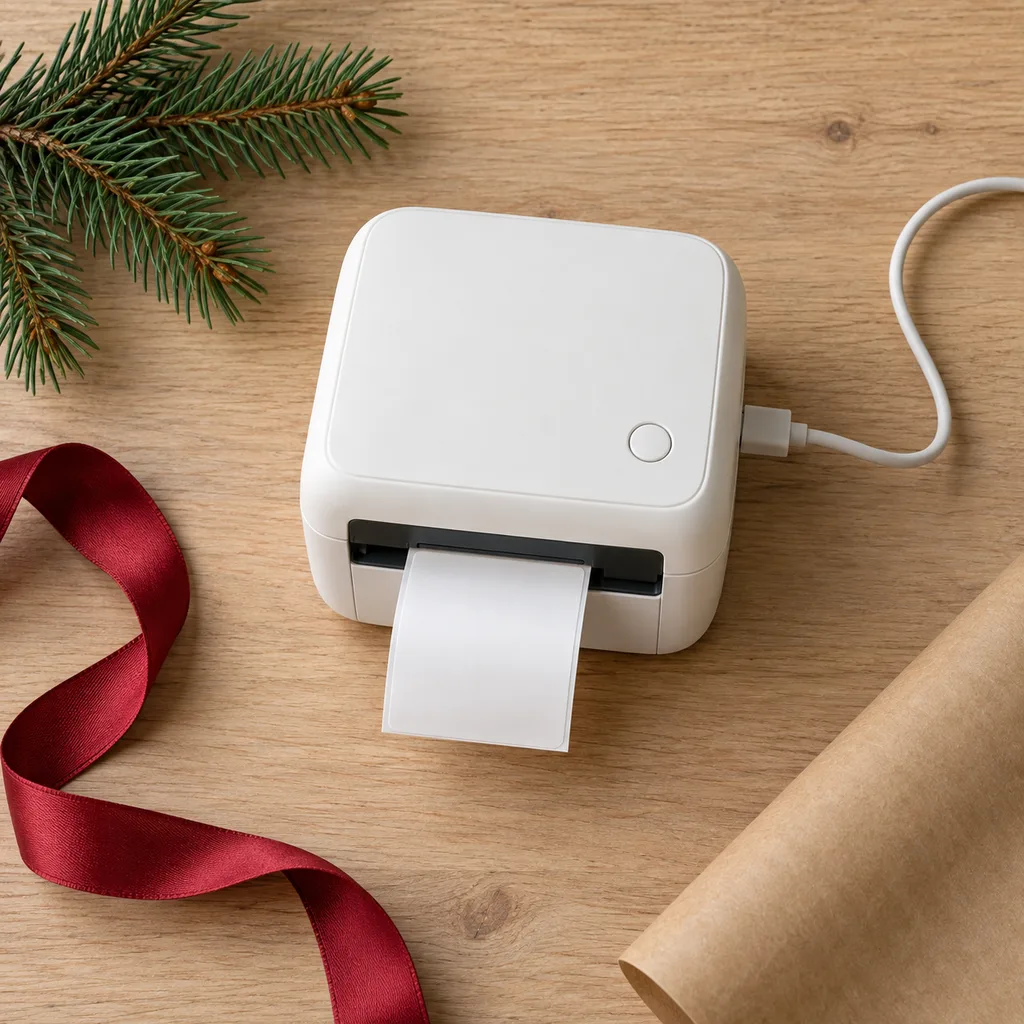 Representative photo-style image of desktop computer-connectable label printer — generated, not a specific product