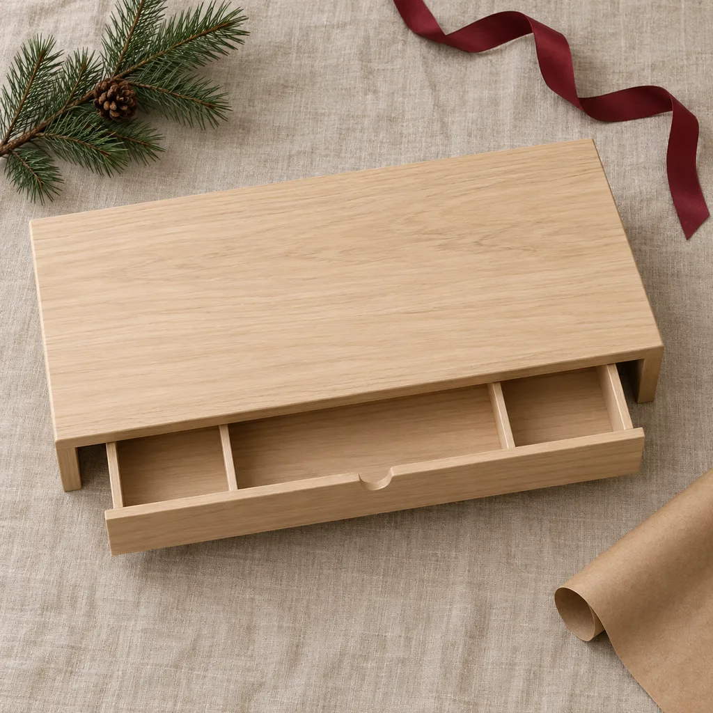 Representative photo-style image of desktop monitor riser with storage — generated, not a specific product