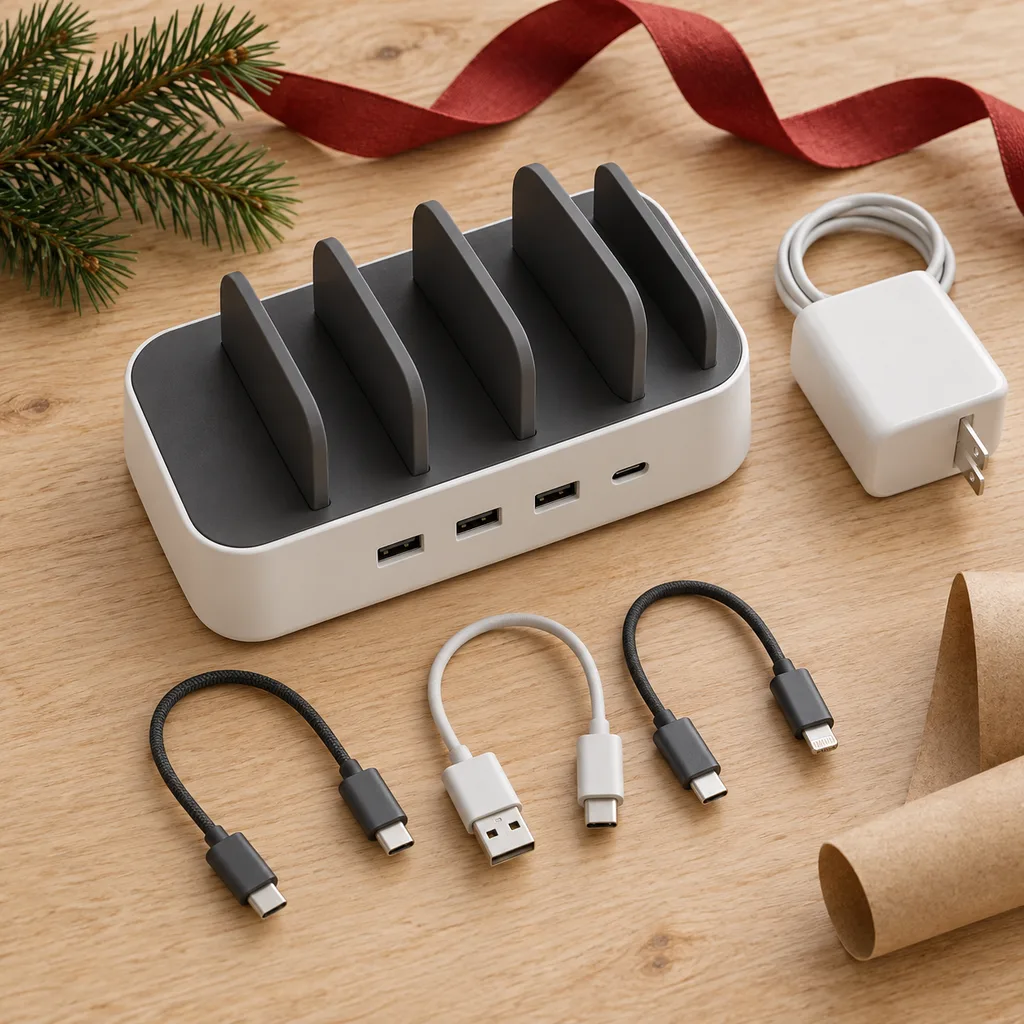 Representative photo-style image of desktop multi-device charging station — generated, not a specific product