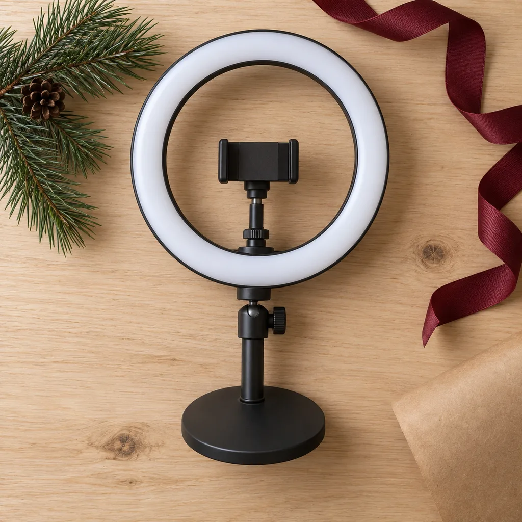 Representative photo-style image of desktop ring light with stand — generated, not a specific product