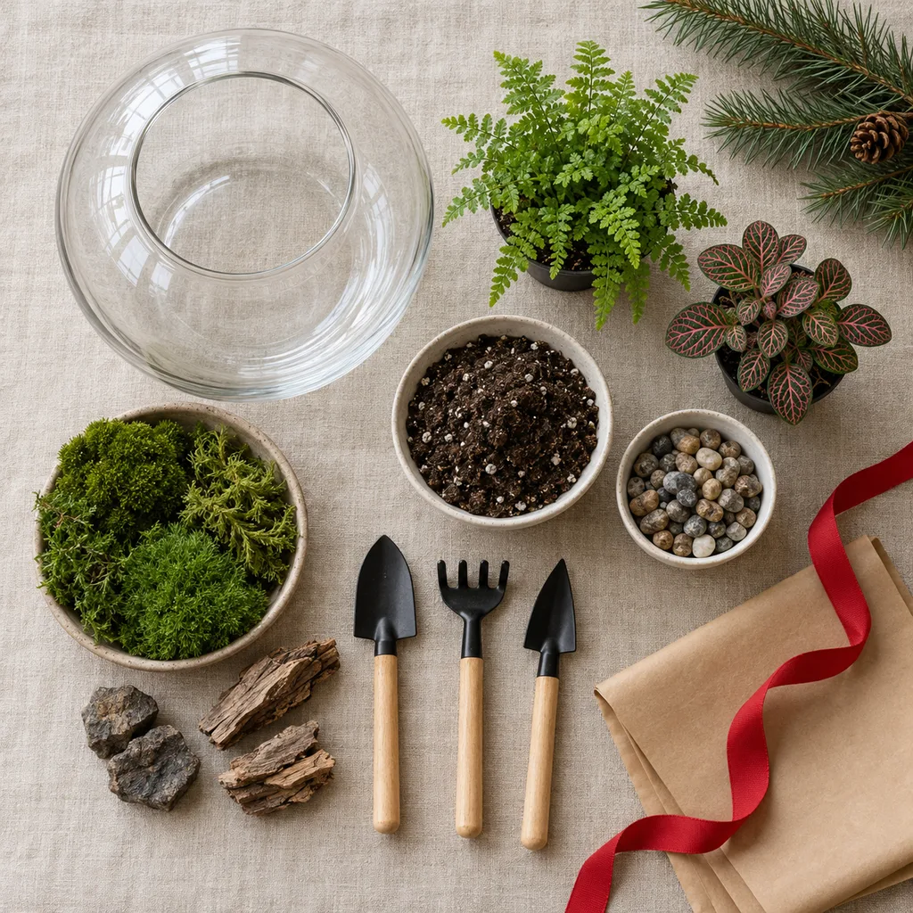 Representative photo-style image of desktop terrarium building kit — generated, not a specific product