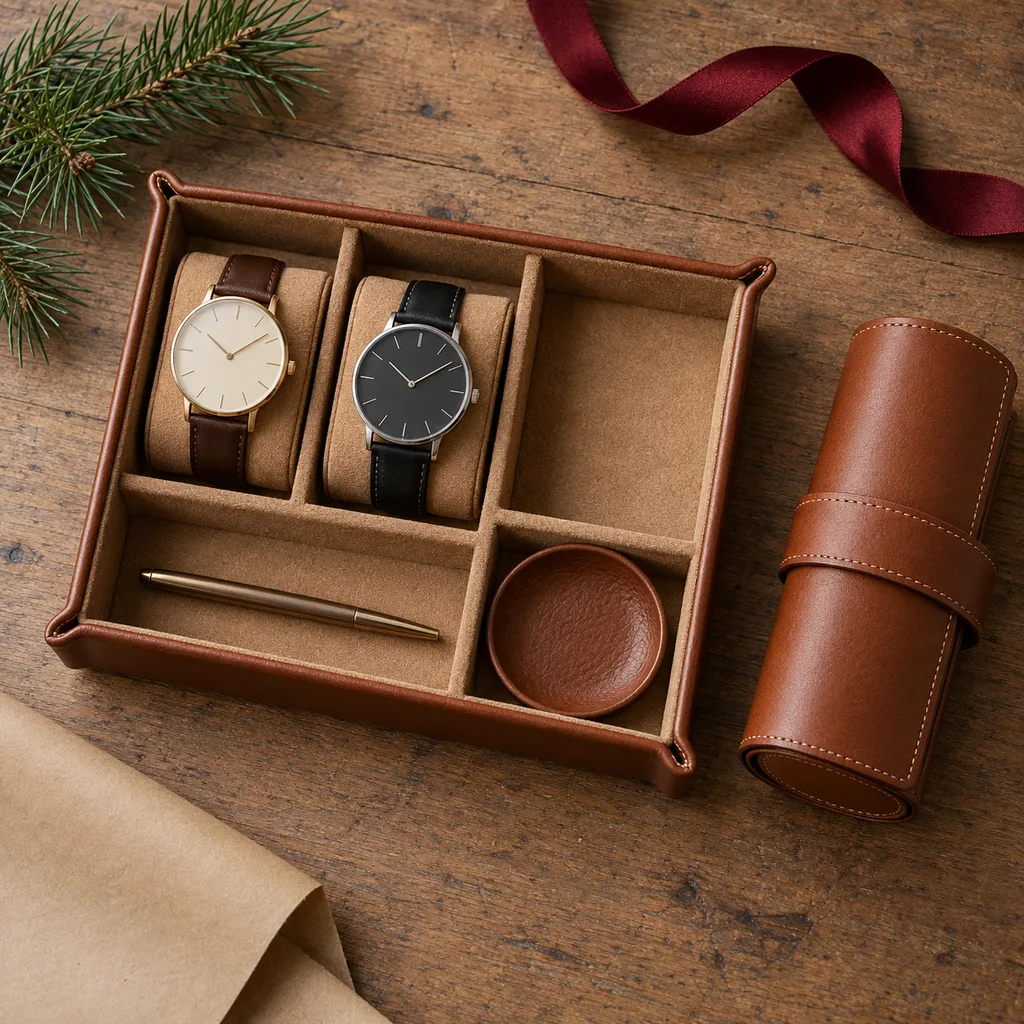 Representative photo-style image of desktop valet tray with watch storage — generated, not a specific product