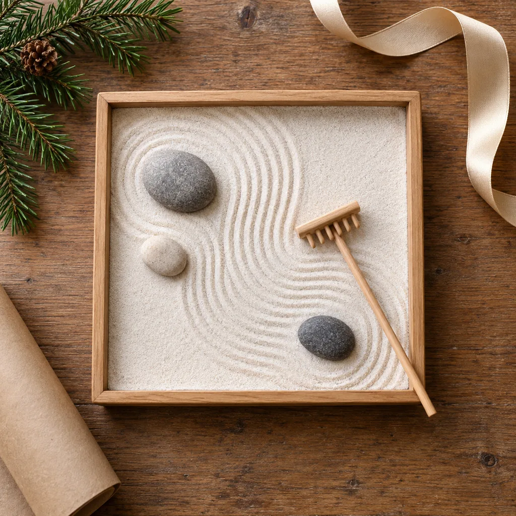 Representative photo-style image of desktop zen garden kit — generated, not a specific product