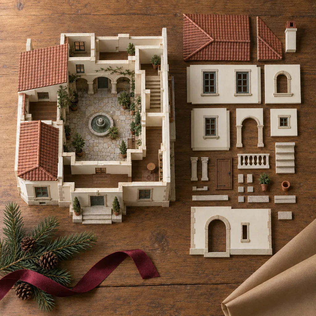 Representative photo-style image of detailed architectural model building kit — generated, not a specific product