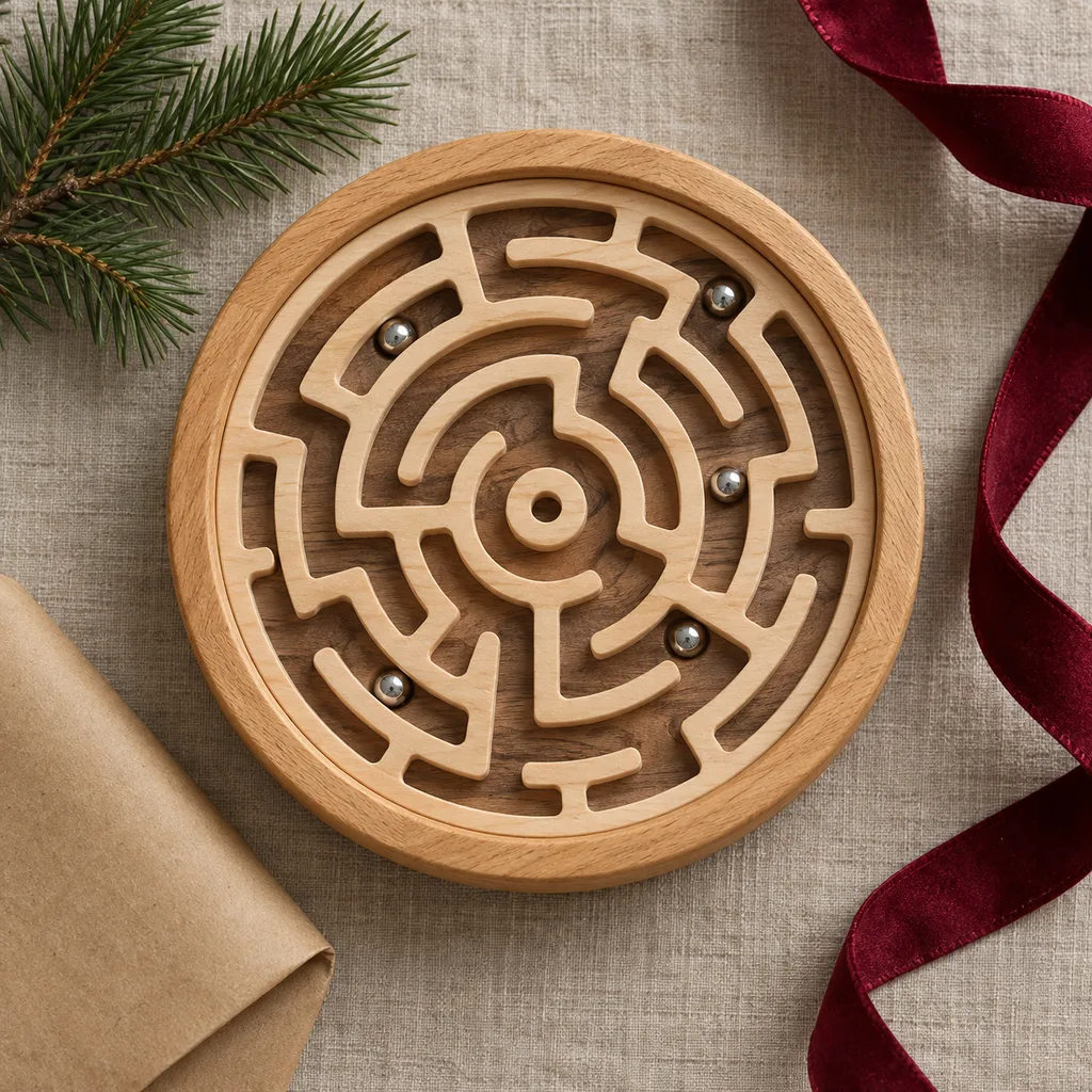 Representative photo-style image of dexterity ball bearing maze puzzle — generated, not a specific product