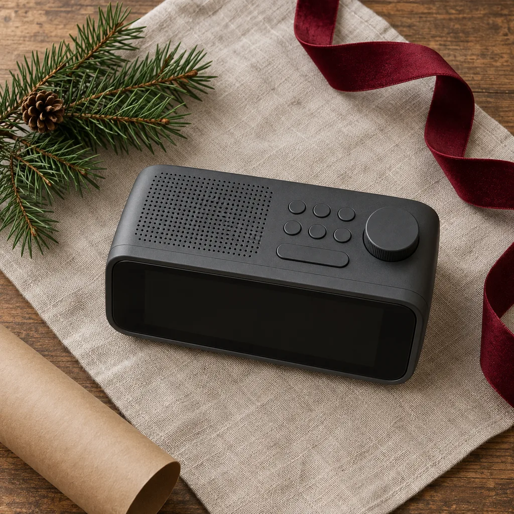 Representative photo-style image of digital alarm clock with radio — generated, not a specific product