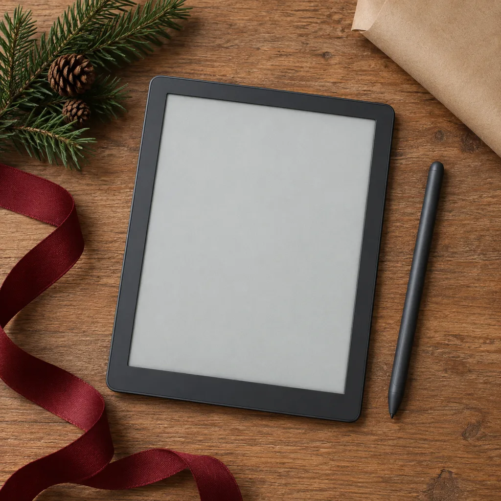Representative photo-style image of digital note-taking e-reader — generated, not a specific product