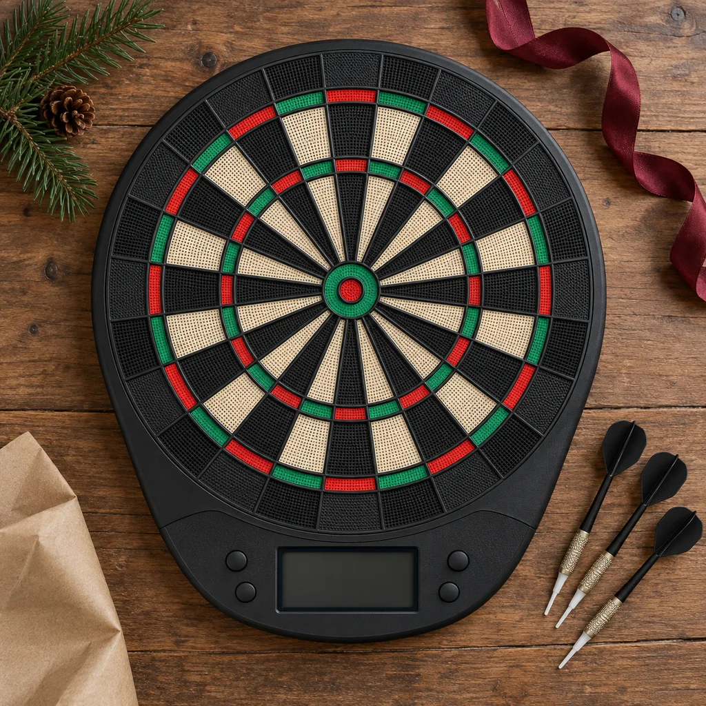 Representative photo-style image of digital scoring soft tip dartboard — generated, not a specific product