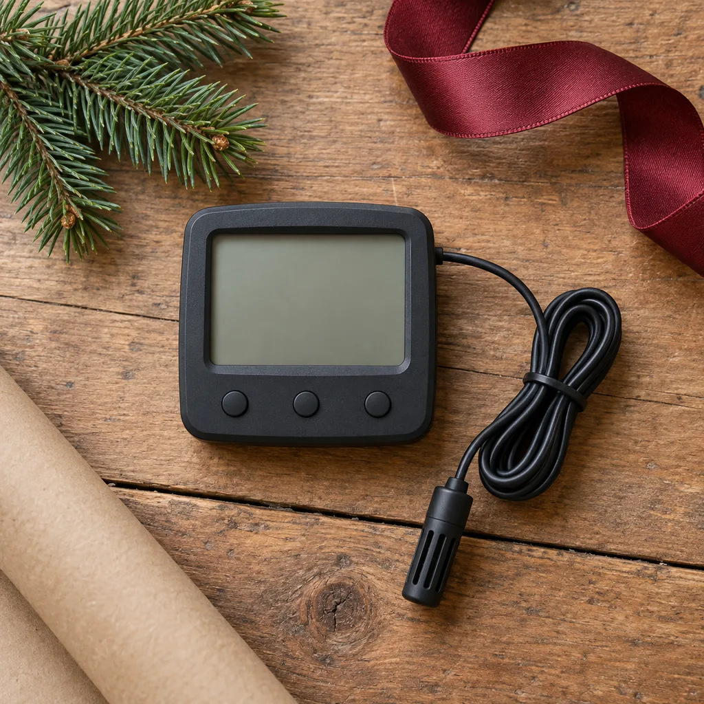Representative photo-style image of digital thermometer hygrometer — generated, not a specific product