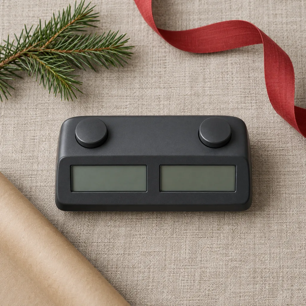 Representative photo-style image of digital two-player game clock — generated, not a specific product