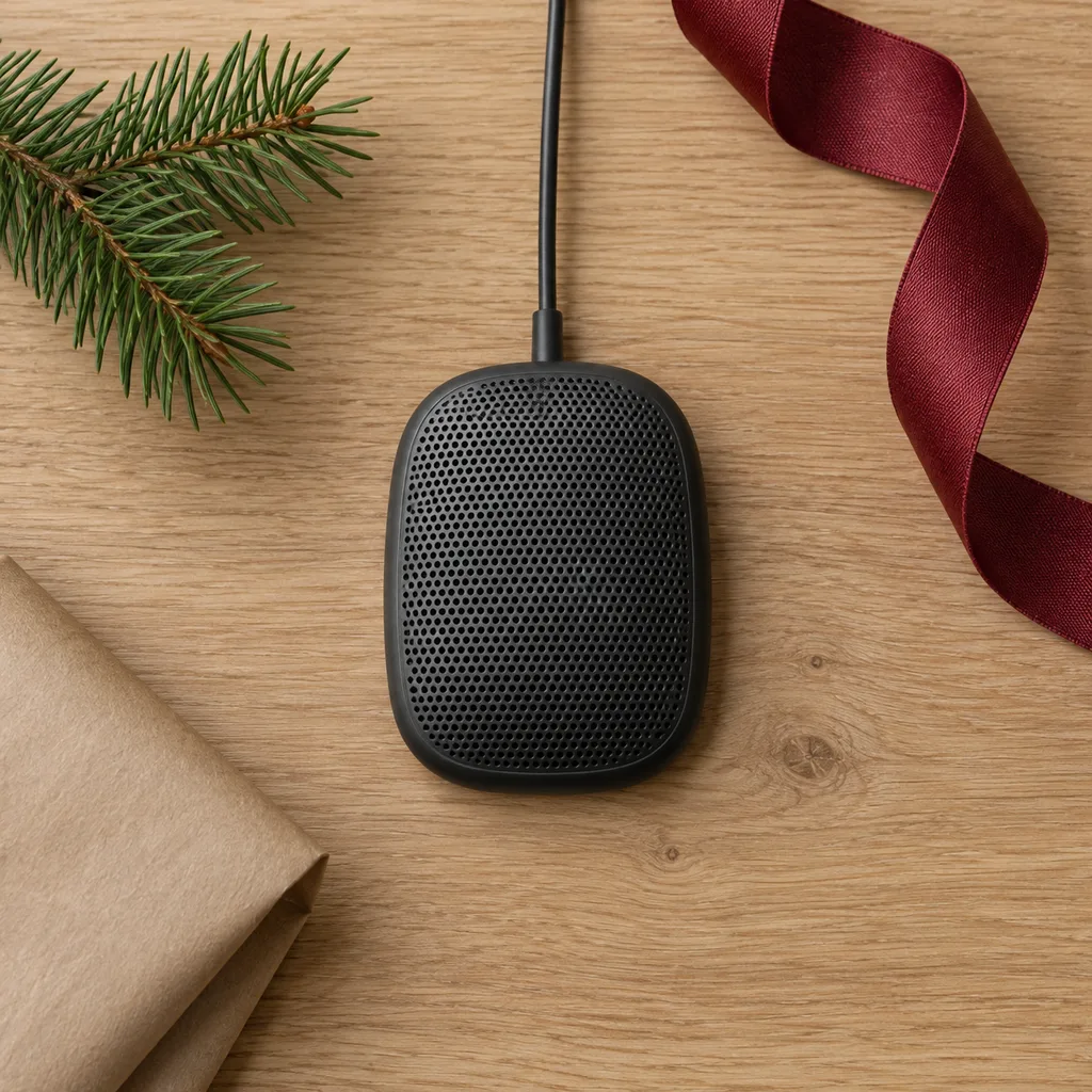 Representative photo-style image of discreet boundary microphone — generated, not a specific product