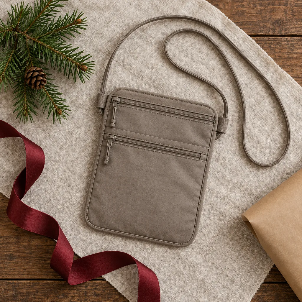 Representative photo-style image of discreet neck pouch wallet — generated, not a specific product