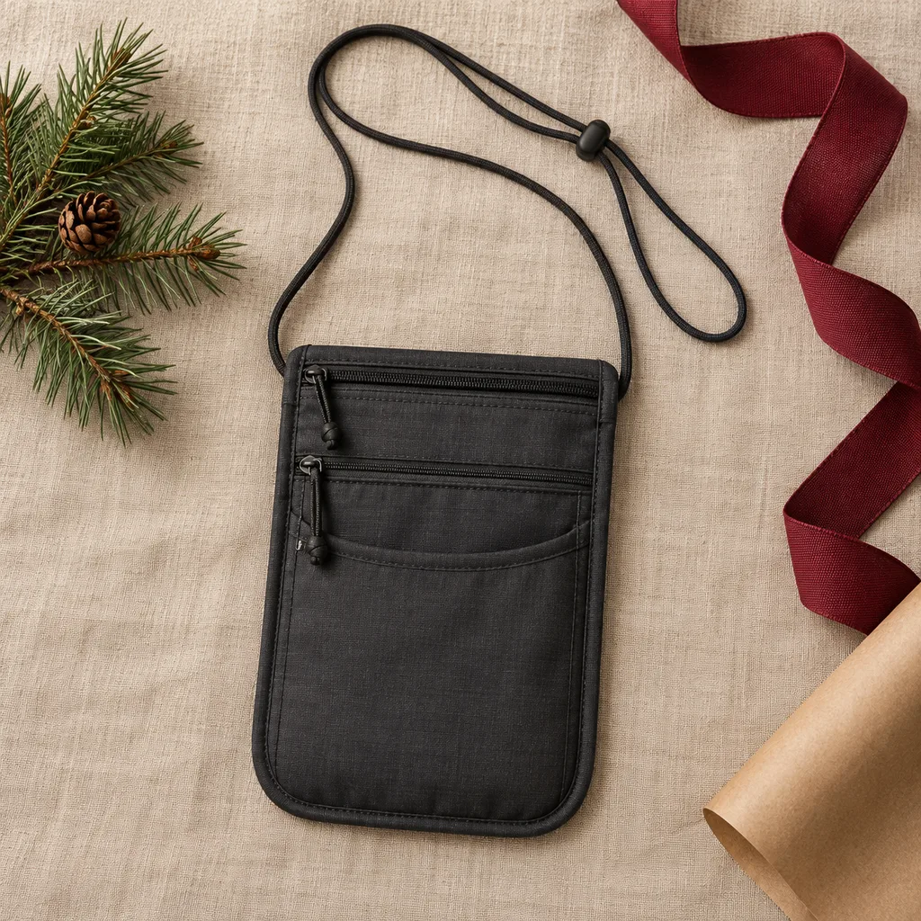 Representative photo-style image of discreet travel neck pouch — generated, not a specific product