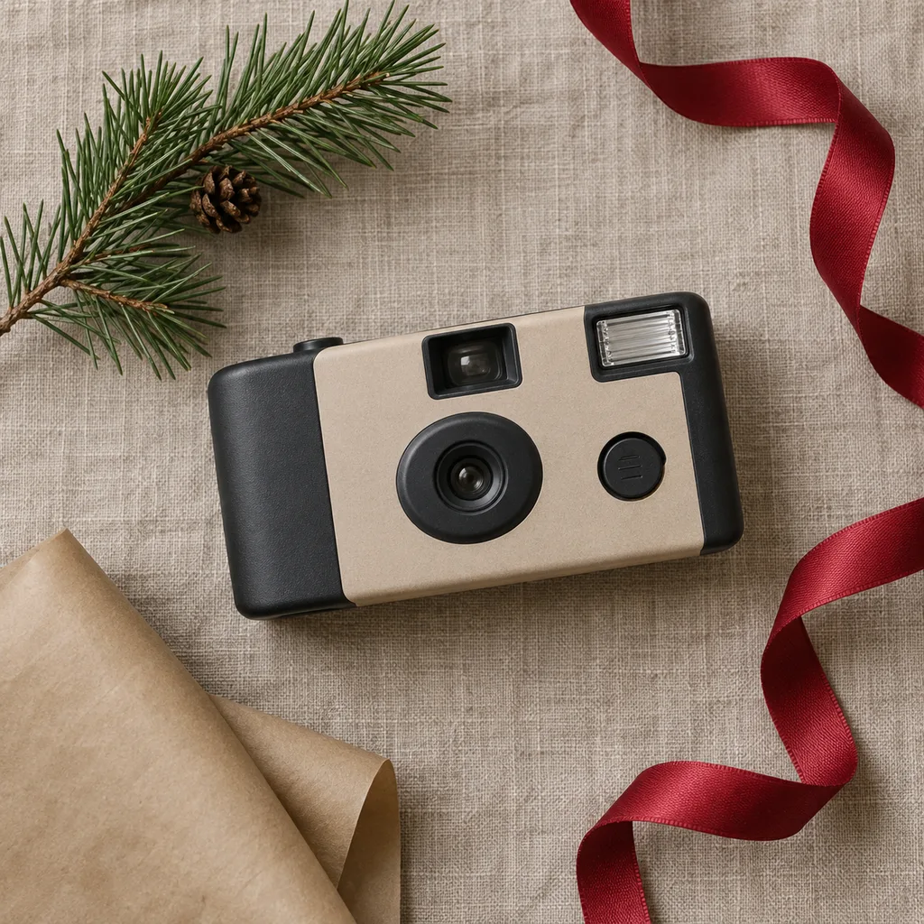Representative photo-style image of disposable single-use film camera — generated, not a specific product