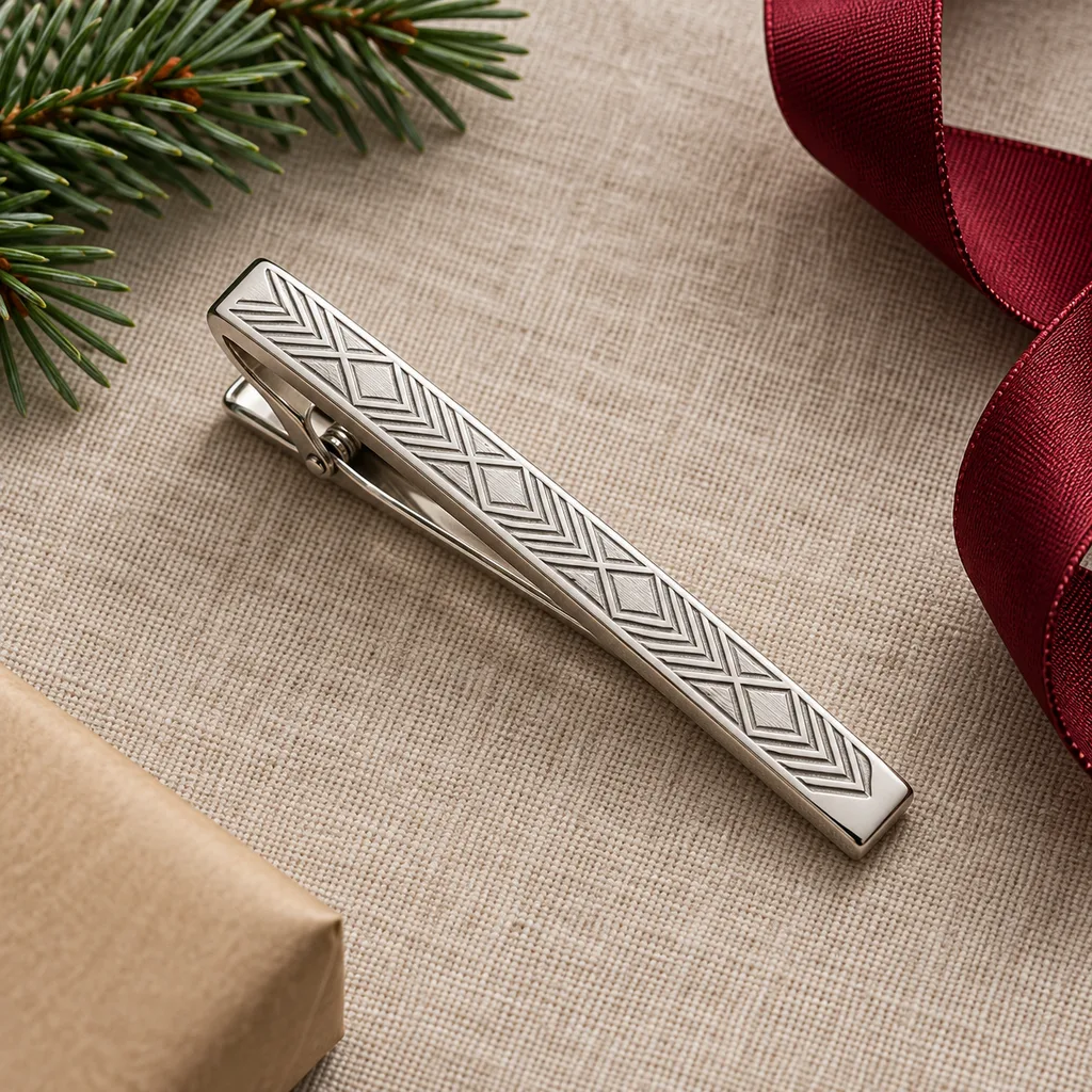 Representative photo-style image of distinctive patterned design tie clip — generated, not a specific product