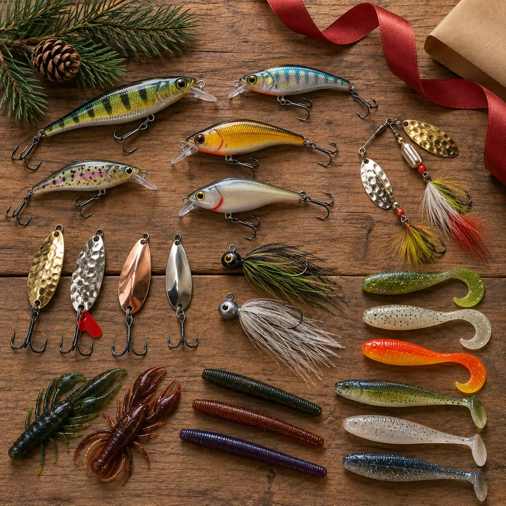 Representative photo-style image of diverse assorted fishing lures kit — generated, not a specific product