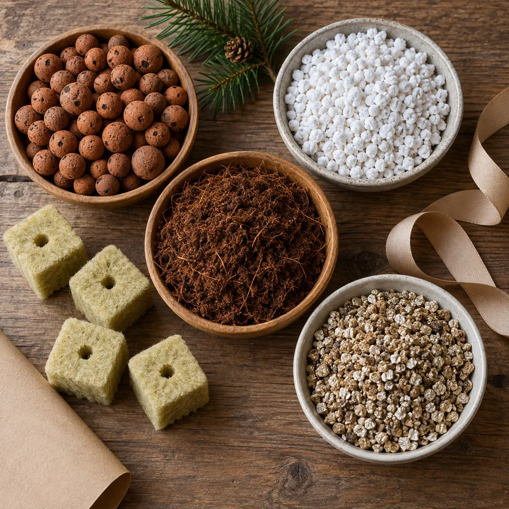Representative photo-style image of diverse hydroponic growing medium assortment — generated, not a specific product