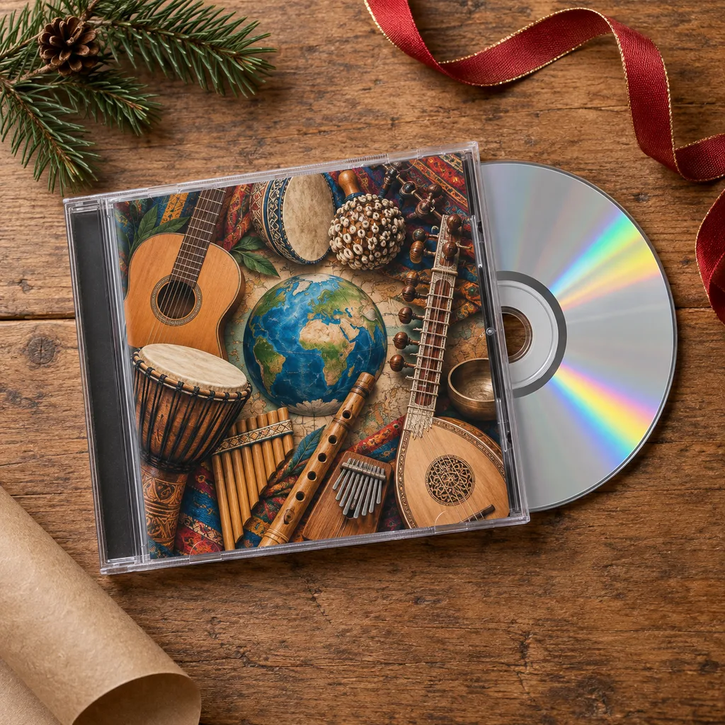 Representative photo-style image of diverse world music album cd — generated, not a specific product