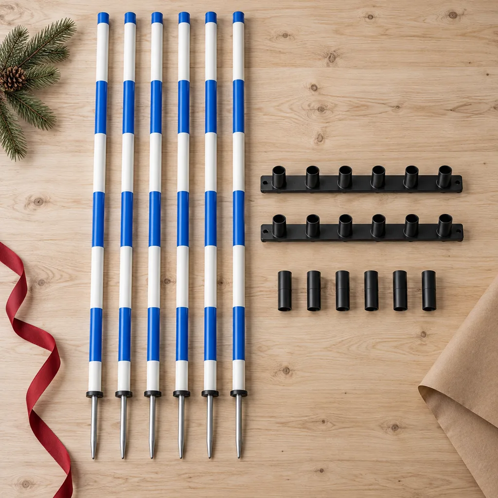 Representative photo-style image of dog weave pole training set — generated, not a specific product