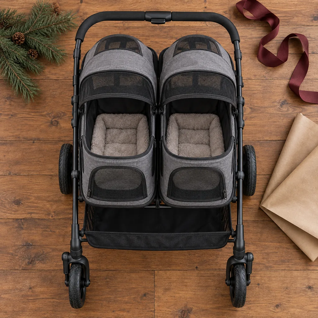 Representative photo-style image of dual compartment pet stroller — generated, not a specific product