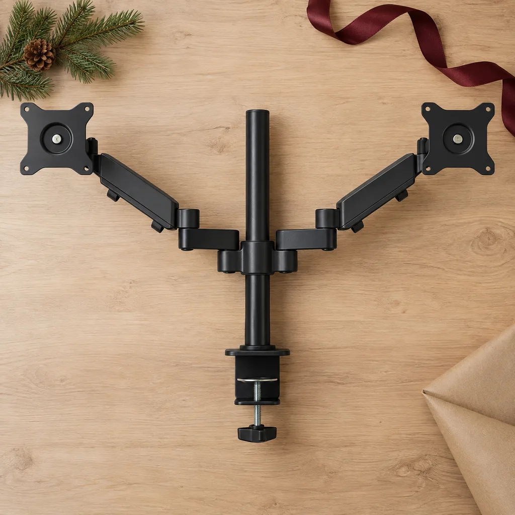 Representative photo-style image of dual monitor desk mount — generated, not a specific product