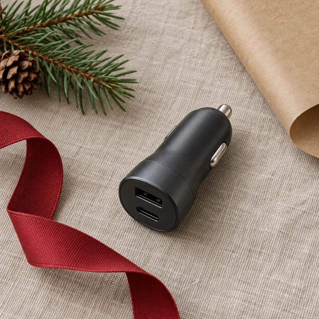 Representative photo-style image of dual port fast car charger — generated, not a specific product