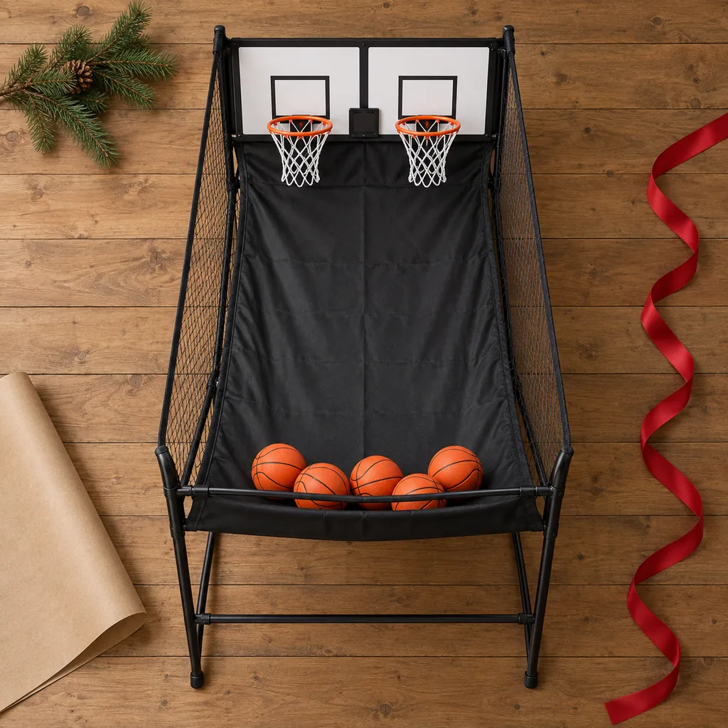 Representative photo-style image of dual shot basketball arcade system — generated, not a specific product
