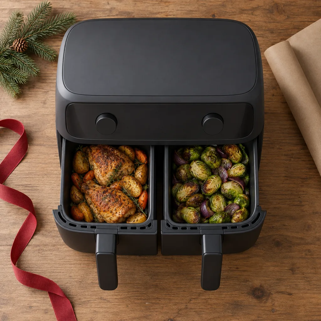 Representative photo-style image of dual zone air fryer — generated, not a specific product
