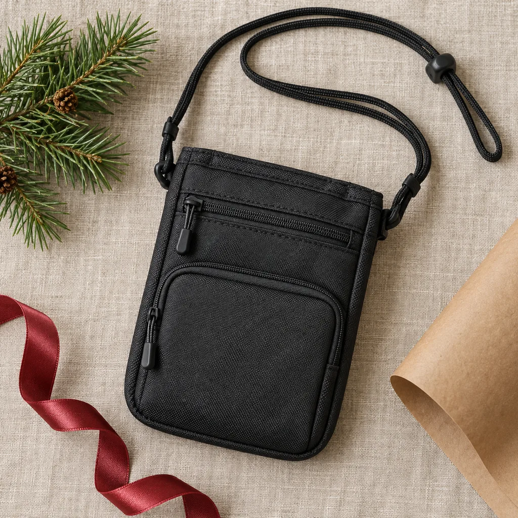 Representative photo-style image of durable active lifestyle neck pouch — generated, not a specific product